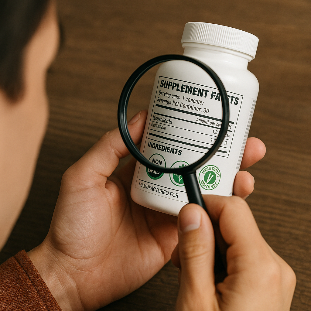 Consumer reading supplement label to identify quality supplements and certifications