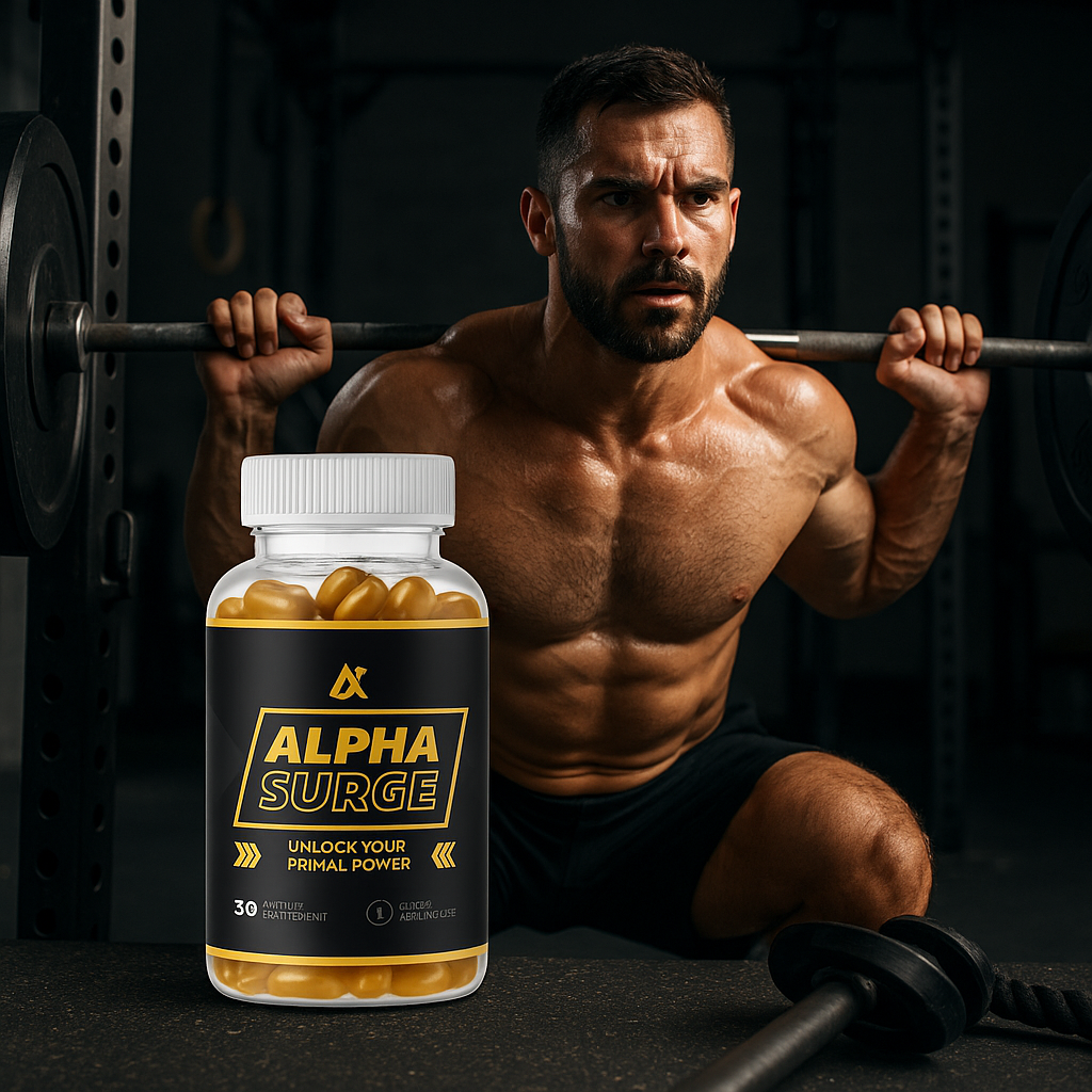 Alpha Surge muscle building supplement displayed with gym weights and fitness equipment for strength training