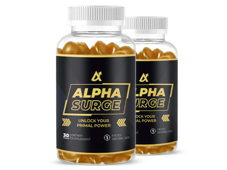 Alpha Surge muscle building supplement displayed with gym weights and fitness equipment for strength training